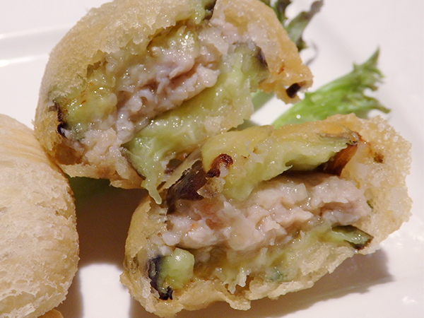 蘭園 飲茶コース 炸点心三種 茄子の肉詰めフリッター